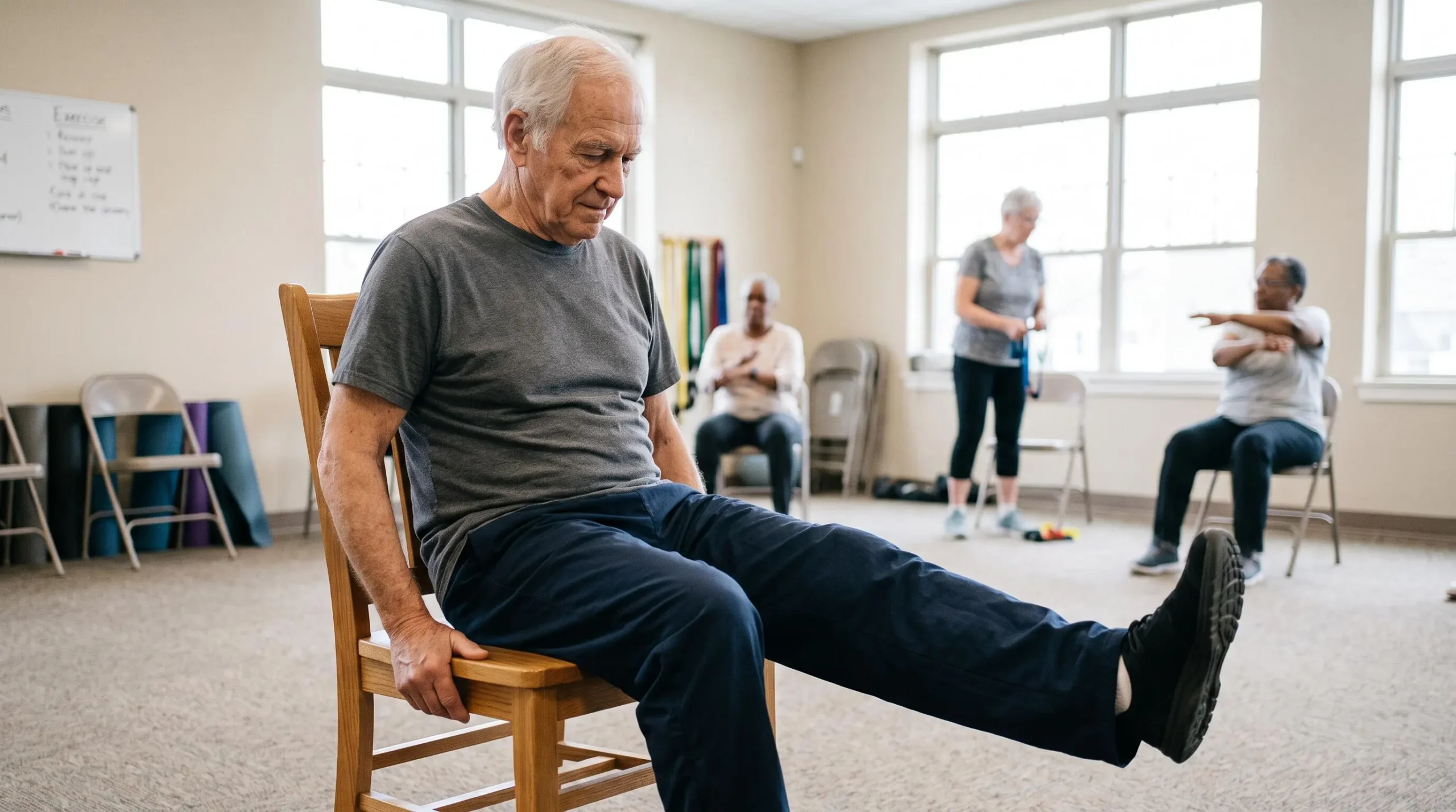 Man in his 70s performing gentle chair-supported leg extension in bright community wellness room with other participants visible in background