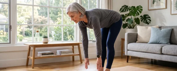 Woman in her 60s performing gentle standing stretch on yoga mat in sunlit contemporary living room with natural wood furniture and plants