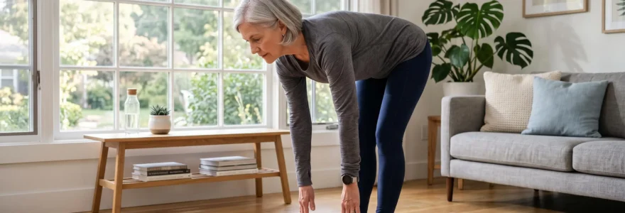 Woman in her 60s performing gentle standing stretch on yoga mat in sunlit contemporary living room with natural wood furniture and plants